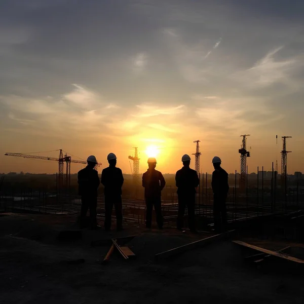 silhouette of construction workers and building cranes on the background