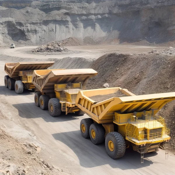 Large quarry dump trucks. Transport industry. A mining truck is driving along a mountain road