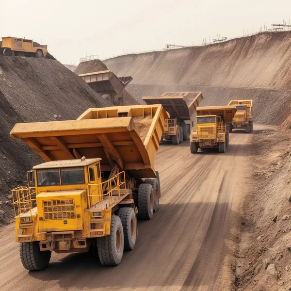 Large quarry dump trucks. Transport industry. A mining truck is driving along a mountain road