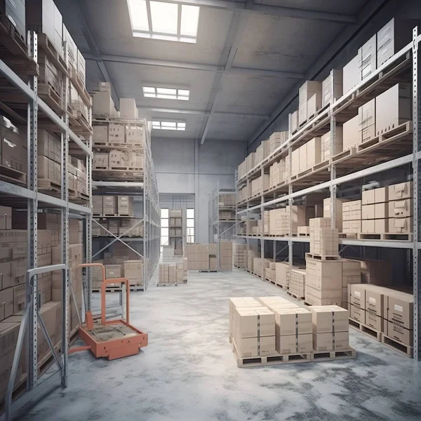 3d rendering of a warehouse with boxes and shelves