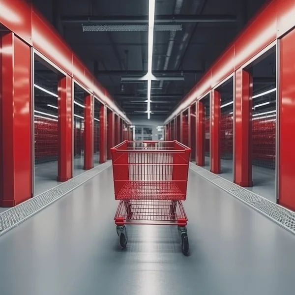 empty red shopping cart in market