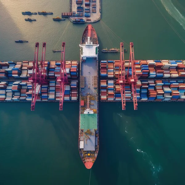 Aerial view of Logistics and transportation of Container Cargo ship with working cranes in shipyard at sunrise, logistic import export and transport industry background
