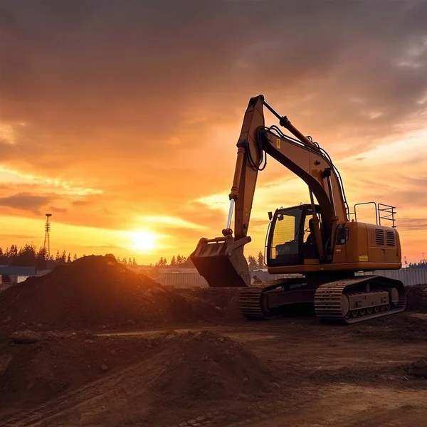 excavator working on the construction site at sunset