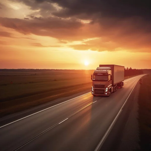truck driving on highway at sunset