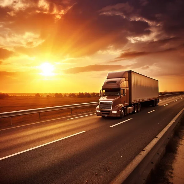 truck on highway with sunset background