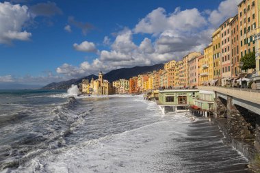 CAMOGLI, ITALY, JANUARY 18, 2023 - Rough sea on the beach of Camogli, Genoa province, Italy.