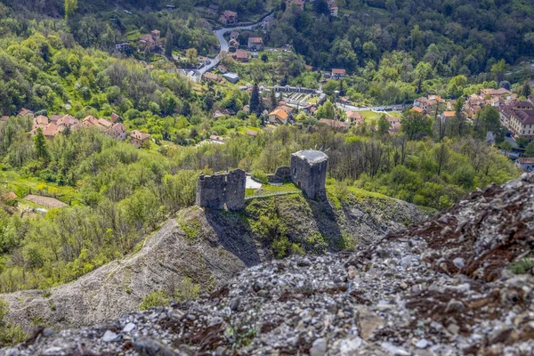 Vue Aérienne Des Ruines Château Savignone Dans Arrière Pays Ligure — Photo