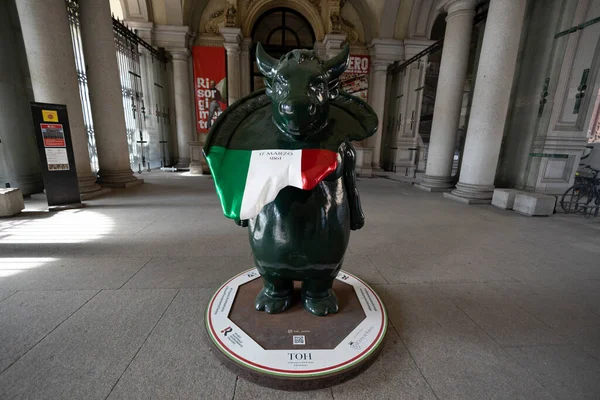 stock image TURIN, ITALY, APRIL 11, 2023 - The bull statue, the symbol of Turin in the courtyard of Carignano Palace in Turin, Italy