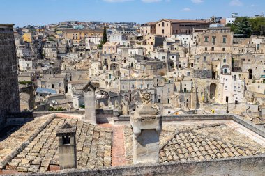 Matera 'nın taşlarının geniş panoramik görüntüsü, Matera, İtalya' da 