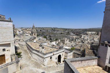 Matera 'nın taşlarının geniş panoramik görüntüsü, Matera, İtalya' da 
