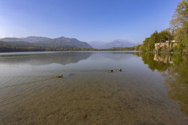 İtalya 'nın Piedmont bölgesindeki Avigliana (Lago Grande) gölünün manzarası