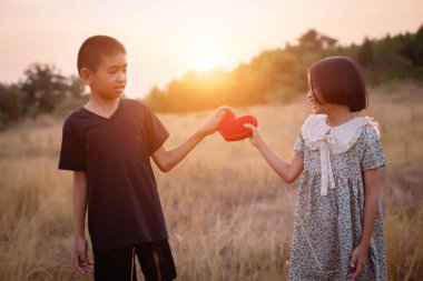 Çocuk silueti, çocuğun sevinç anları. Doğanın günbatımında yumuşak ve bulanık arka planda