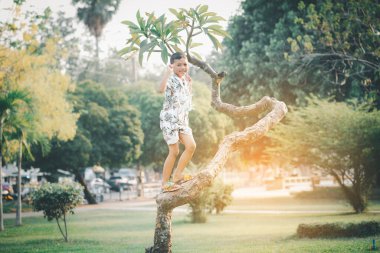Çocuklar yazın güneşli bahçede oynarlar.
