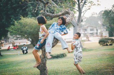 Çocuklar yazın güneşli bahçede oynarlar.