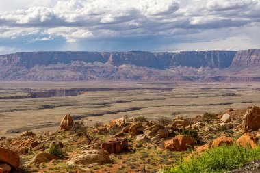 Büyük Kanyon 'un son uçlarında Amerika' nın Arizon eyaletinde at nalı kıvrımına yakın yüksek kayalık kahverengi kayalar var.