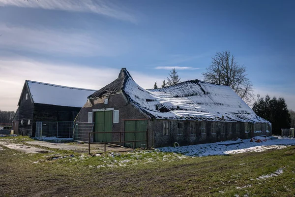 Gamla Övergivna Bondgård Vintern Med Ett Helt Kollapsat Och Snöigt — Stockfoto