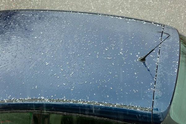 Hail Falling Car Roof Hailstones Can Damage Bodywork — Foto Stock