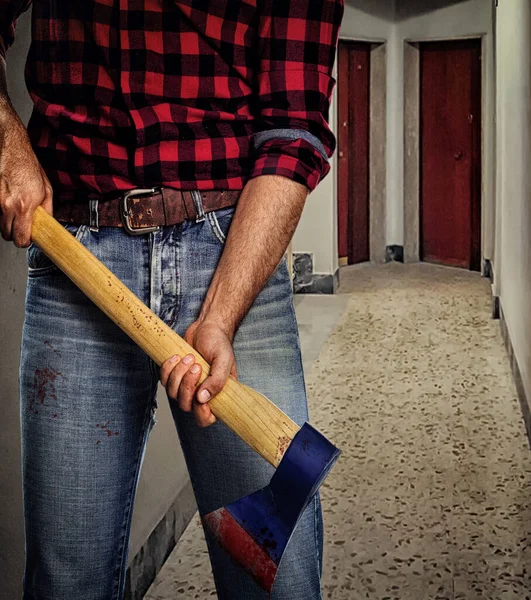 Murderer Bloodstained Corridor Apartment Building — Stock Photo, Image