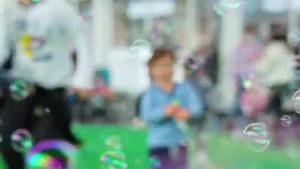 Children Play Run Soap Bubbles Generated Professional Bubble Machine — Stock Video
