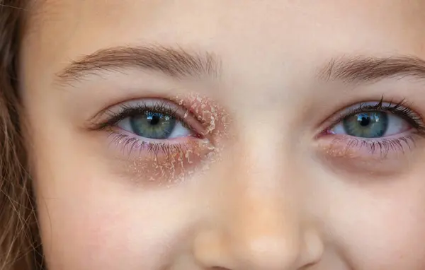 Auge Eines Kleinen Mädchens Das Okulärer Atopischer Dermatitis Oder Augenliderekzemen lizenzfreie Stockfotos