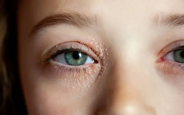 Auge Eines Kleinen Mädchens Das Okulärer Atopischer Dermatitis Oder Augenliderekzemen Stockbild