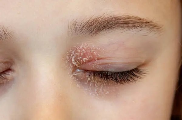 Closed Eye Little Girl Suffering Ocular Atopic Dermatitis Eyelid Eczema Stock Photo