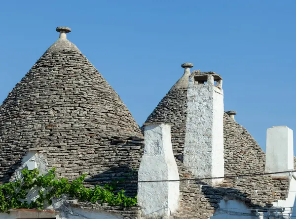 Puglia, İtalya 'da Unesco' nun dünya mirası olan Alberobello 'da taştan yapılmış konik çatıları olan geleneksel Trulli evleri güneşte parlıyor.