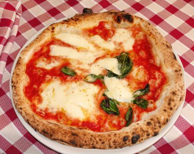 Eritilmiş bufalo mozzarella, taze fesleğen yaprağı ve canlı domates sosu içeren Napoli pizzasının kapağı klasik bir masa örtüsü üzerinde servis edilir.