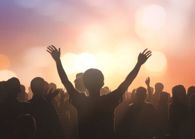 Christian worship God together in Church hall in front of music stage