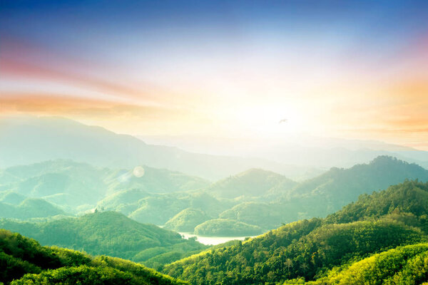 forest on the mountain light fall on clearing on mountains at sunset sky background