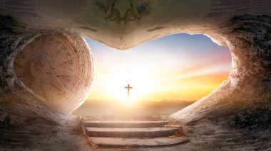 Easter and Good Friday concept, heart shaped empty tomb with cross on mountain sunrise background clipart
