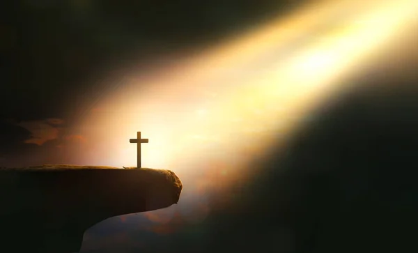 Cruz Jesucristo Tristeza Oscuridad Luz Brillante Los Rayos Fondo Fotos De Stock