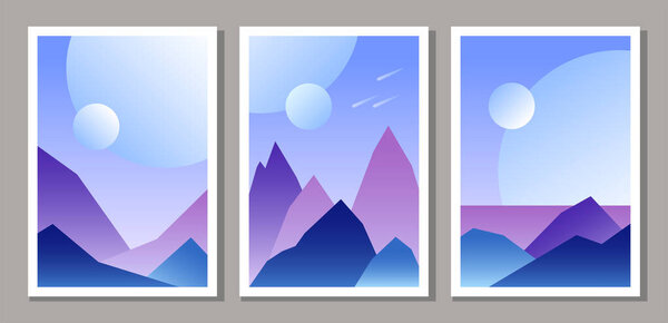 Set of alien planet surrealist landscape posters, planet surface with rocks and moons environment, abstract background