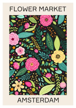 Botanik estetik çiçek pazarı posteri duvar dekorasyonu, kartpostal, kapak tasarımı için kullanılabilir.