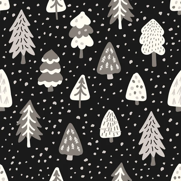 Niedlichen Skandinavischen Weihnachtsbäumen Nahtlose Muster Hintergrund Mit Handgezeichneten Schneebedeckten Tannen — Stockvektor
