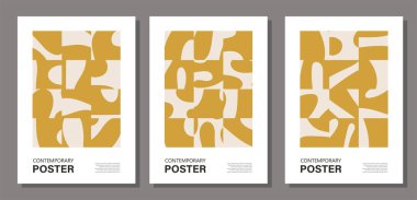 Set of minimalist wall art posters with abstract shapes composition in trendy contemporary cut paper collage style, can be used as poster, flyer, card, brochure etc