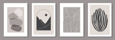 Modern kolaj tarzında soyut organik şekillere sahip minimalist posterler duvar dekorasyonu ve iç tasarım için kullanılabilir.