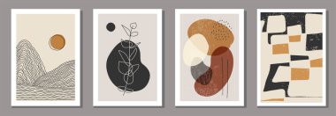 Modern kolaj tarzında soyut organik şekillere sahip minimalist posterler duvar dekorasyonu ve iç tasarım için kullanılabilir.