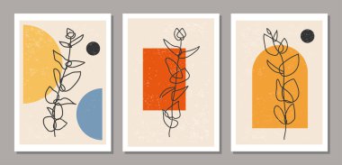 Modern kolaj tarzında soyut yaprak bileşimine sahip minimalist poster seti duvar sanatı dekorasyonu ve iç tasarım için kullanılabilir