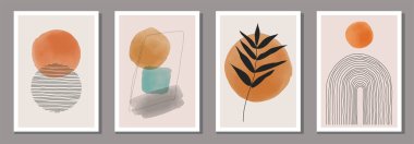 Modern kolaj tarzında soyut organik şekillere sahip minimalist posterler duvar dekorasyonu ve iç tasarım için kullanılabilir.