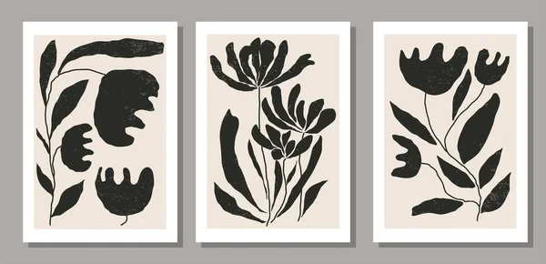 一套受到本世纪中叶启发的带有抽象有机花卉造型的当代拼贴式简约墙艺术海报 — 图库矢量图片