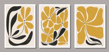 Set of mid century contemporary collage minimalist wall art poster with abstract organic floral shapes clipart