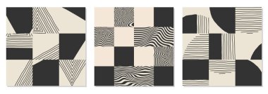 Set of trendy motley seamless pattern with abstract paper cut elements shapes, vector illustration in simple flat style, ideal for wrapping paper, wallpaper, fabrics, backdrop etc