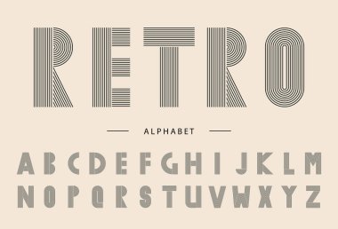 70 'ler tarzında Retro çizgili alfabe, stilize çizgili yazı tipi, geometrik şekilli modern boho minimalist harfler ve kemer bohem siluetleri, stok vektör tipografisi