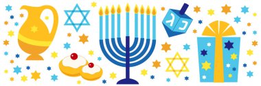 Şirin bayrak Mutlu Hanuka Bayramı, tebrik kartı, davetiye, içinde dreidel oyuncakları, latke çörekleri, menorah mum tutacağı, David yıldızları vb.