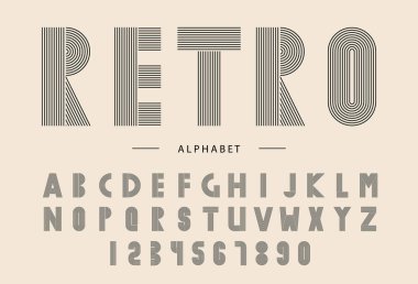 70 'ler tarzında Retro çizgili alfabe, stilize çizgili yazı tipi, geometrik şekilli modern boho minimalist harfler ve kemer bohem siluetleri, stok vektör tipografisi