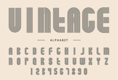 70 'ler tarzında Retro çizgili alfabe, stilize çizgili yazı tipi, geometrik şekilli modern boho minimalist harfler ve kemer bohem siluetleri, stok vektör tipografisi