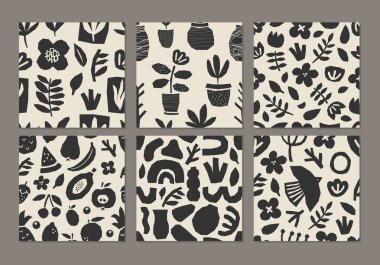 Organik şekillerin soyut kolajı, minimal düz stil vektör çizimi, ambalaj kağıdı, duvar kağıdı, kumaş, arkaplan vs. için ideal sevimli modaya uygun desenler dizisi.