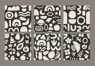 Organik şekillerin soyut kolajı, minimal düz stil vektör çizimi, ambalaj kağıdı, duvar kağıdı, kumaş, arkaplan vs. için ideal sevimli modaya uygun desenler dizisi.