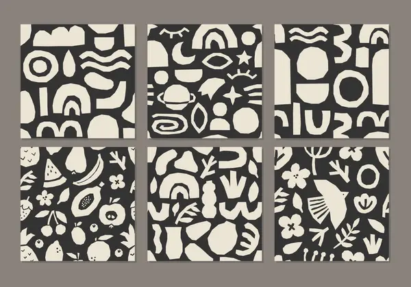 Organik şekillerin soyut kolajı, minimal düz stil vektör çizimi, ambalaj kağıdı, duvar kağıdı, kumaş, arkaplan vs. için ideal sevimli modaya uygun desenler dizisi.